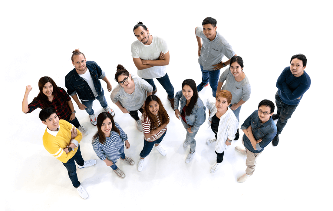 group of people looking up to the camera